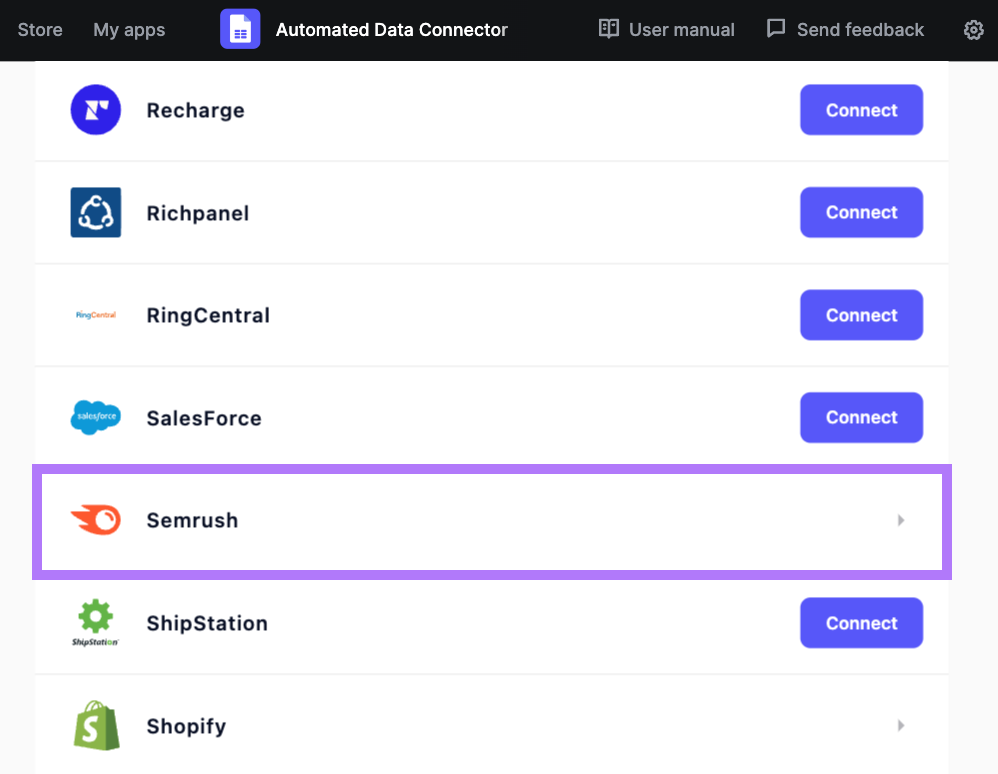 "Semrush" selected from the tools list