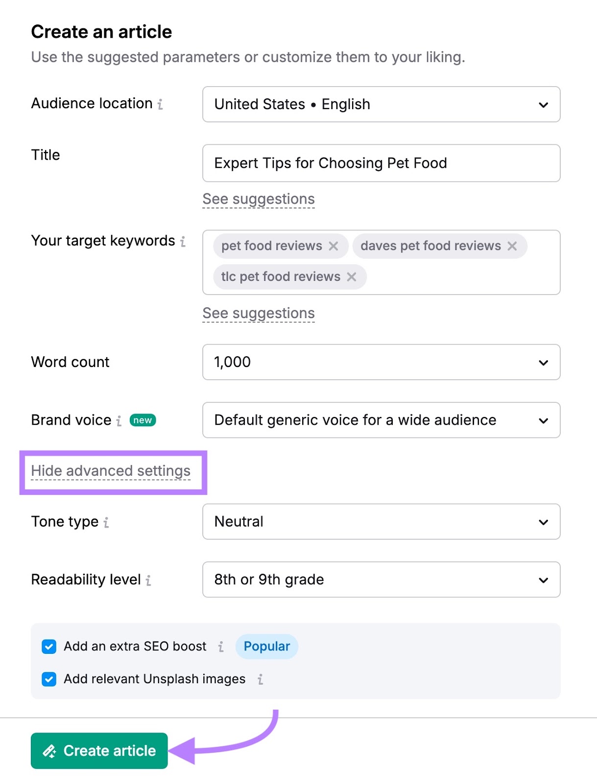 "Create an article" window on ContentShake AI with options to customize an article's title, word count, audience, brand voice, tone, etc.