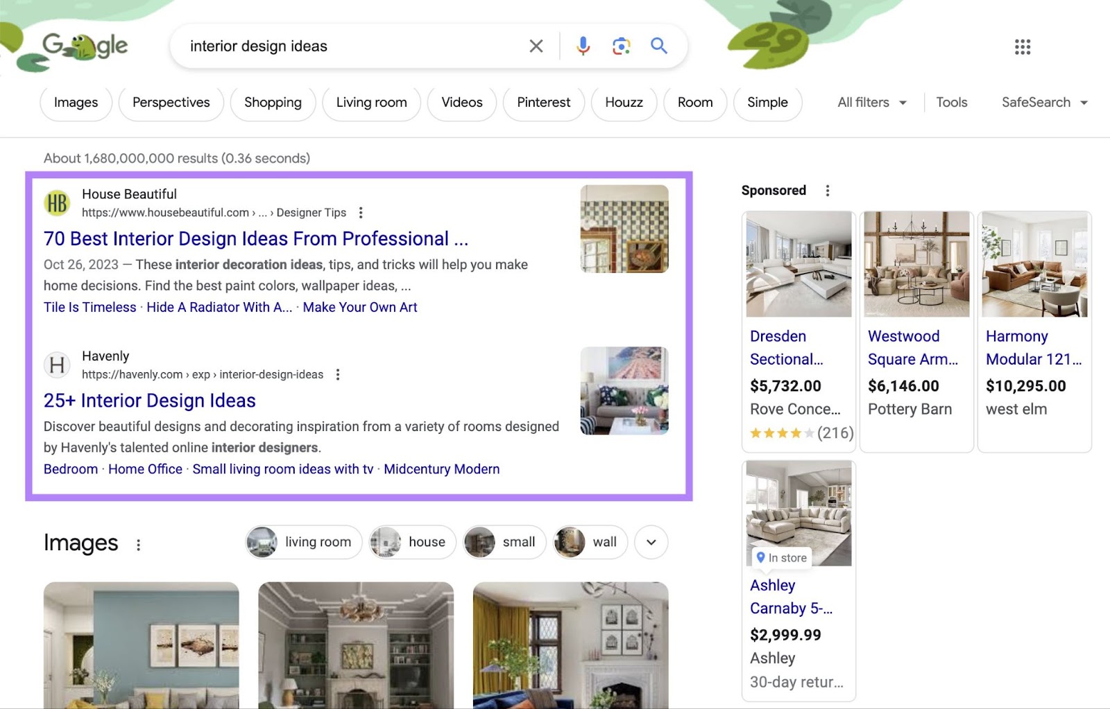 Top of Google SERP for "interior design ideas! query
