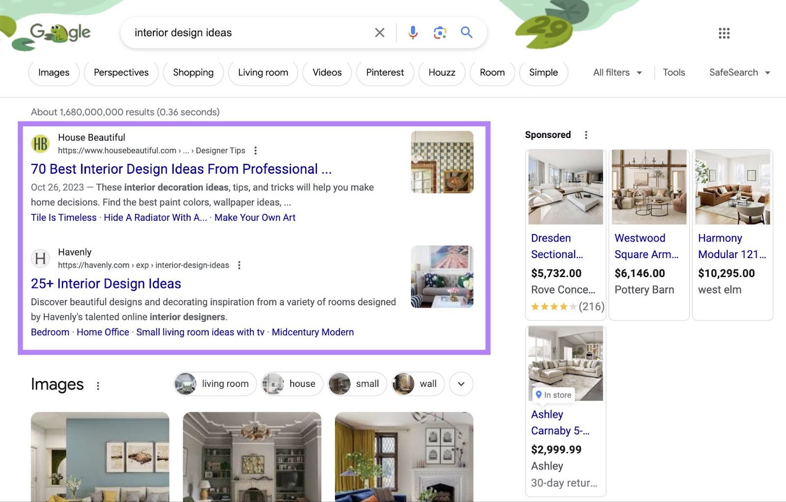 Top of Google SERP for "interior plan  ideas! query