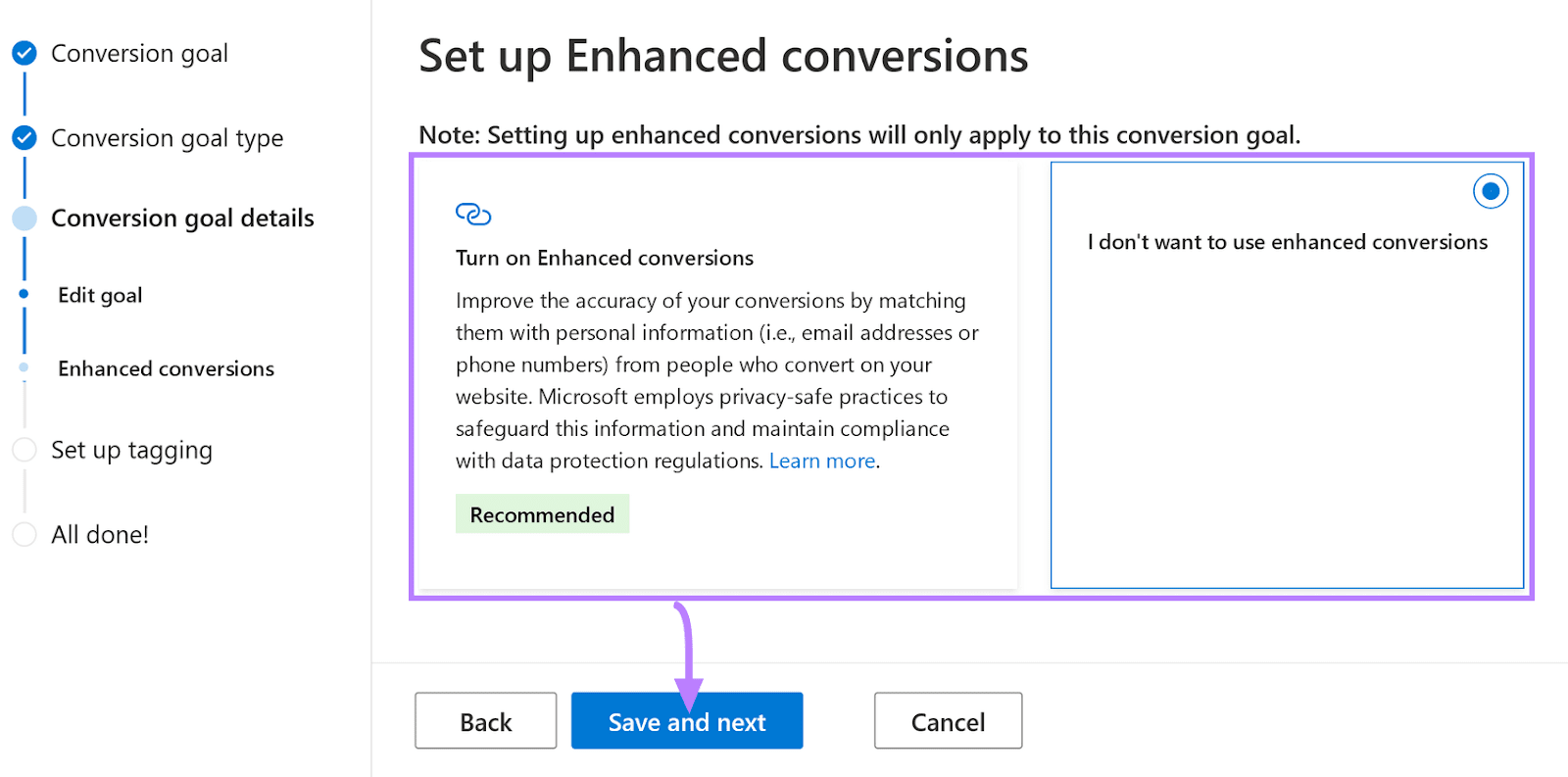 “Set up Enhanced conversions” window