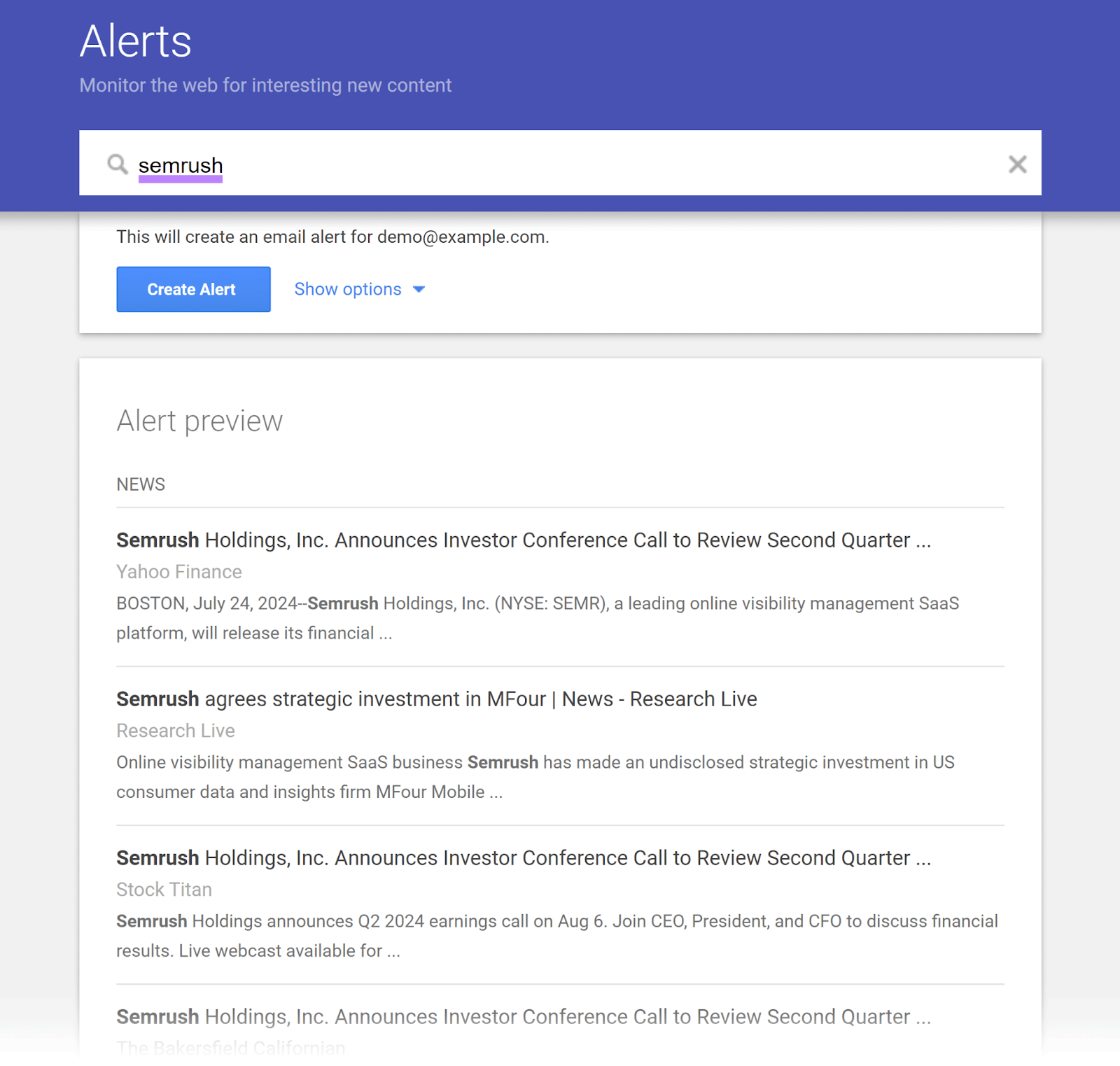 Google Alerts page showing sample results for 'semrush'