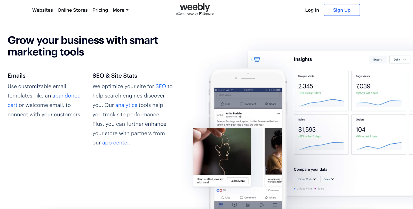 weebly homepage shows marketing tools to grow your business