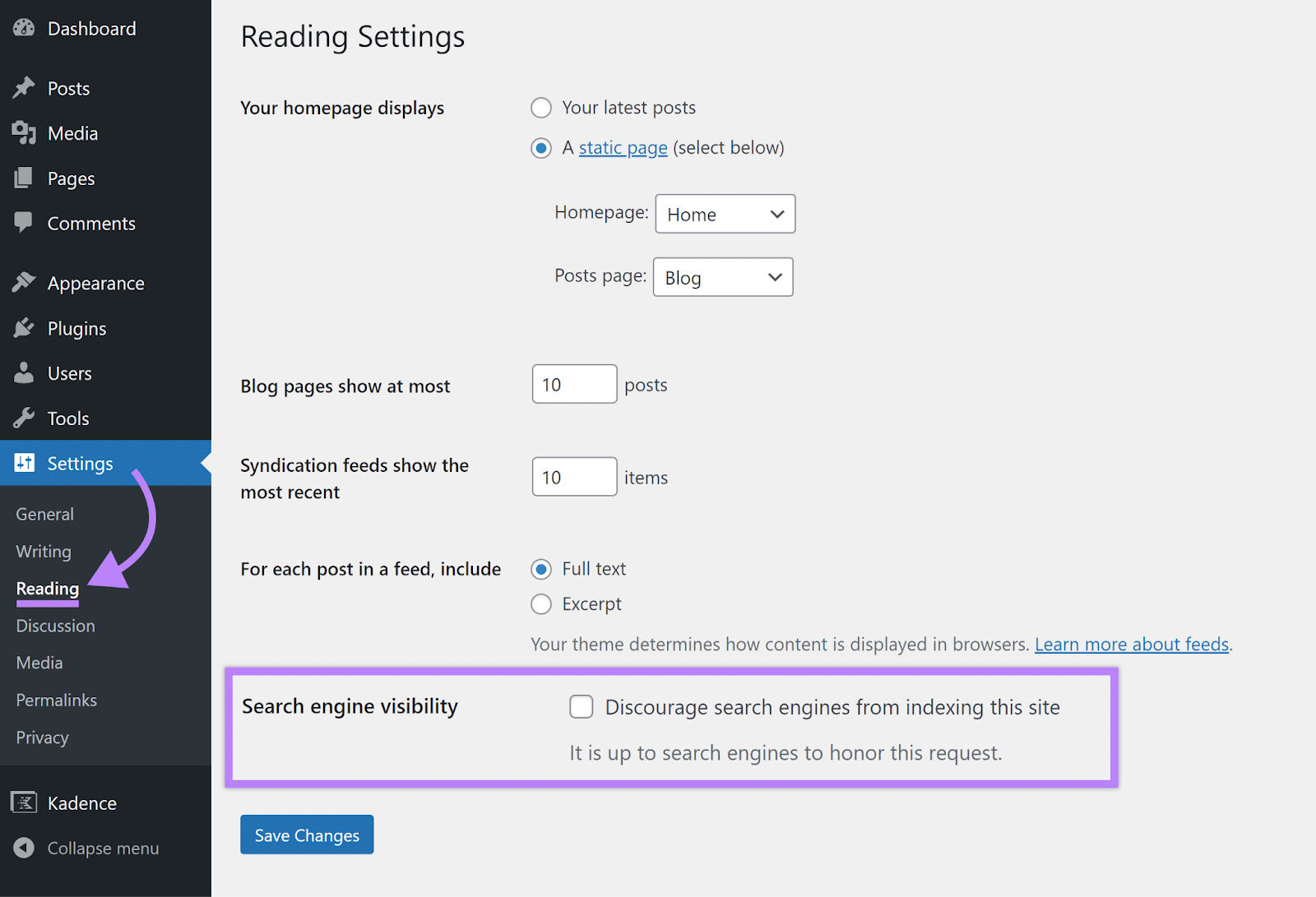 Arrow from Settings to Reading in WordPress admin menu with "Search engine visibility" setting highlighted