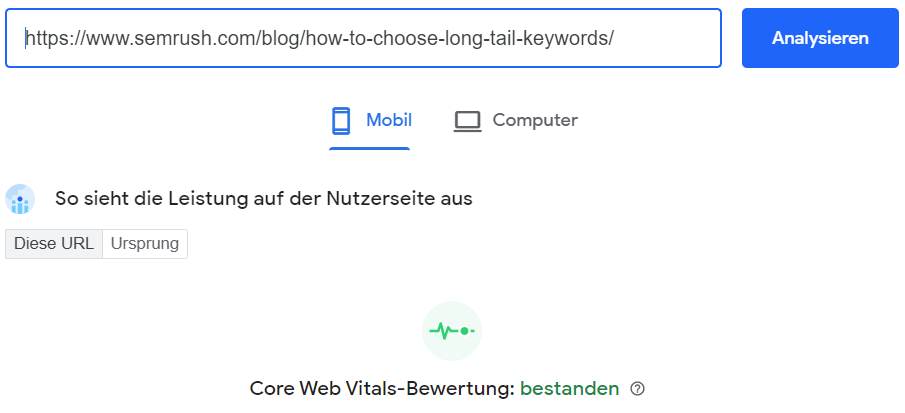 Screenshot: Core Web Vitals-Bewertung bestanden