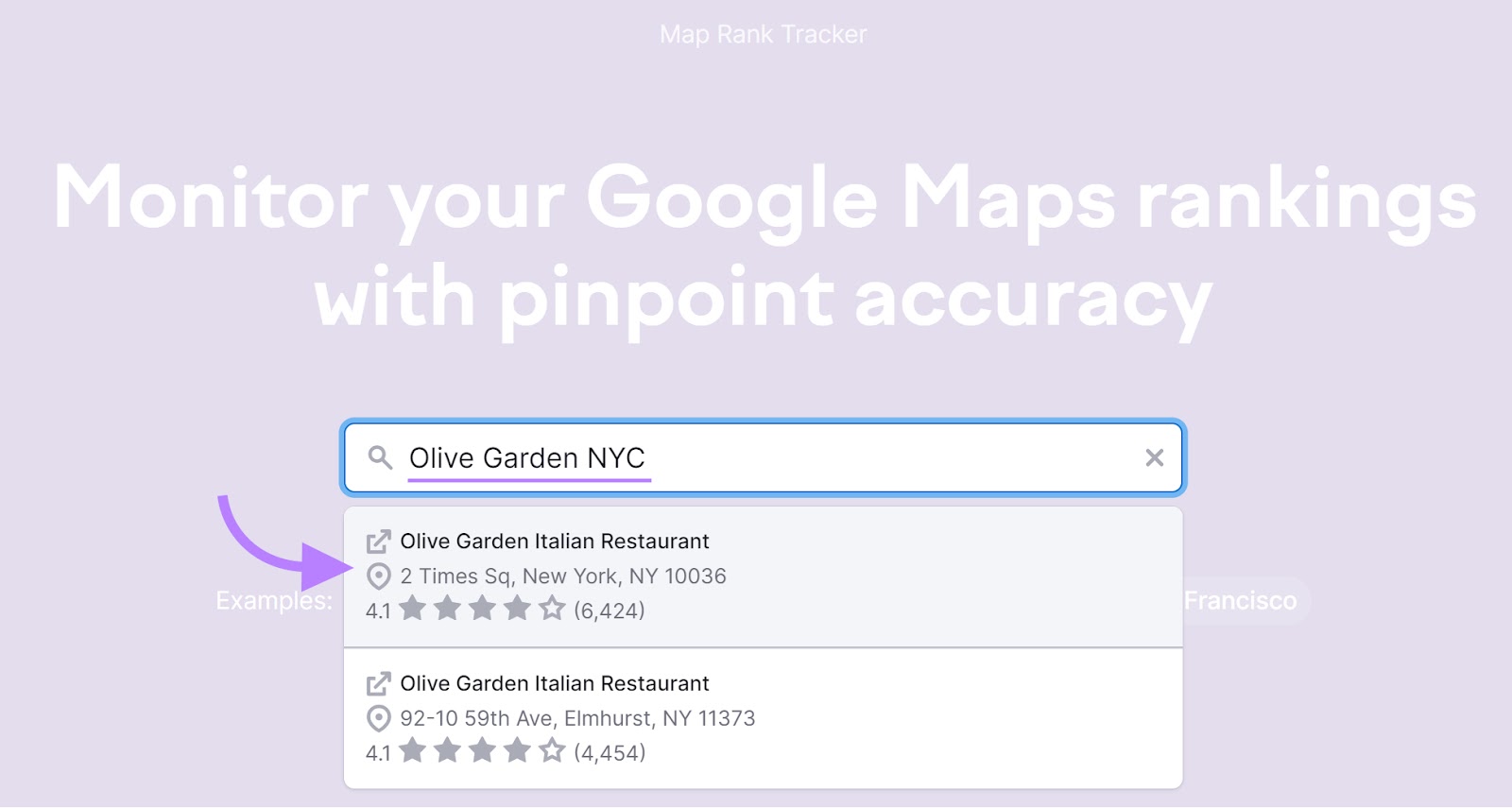 Map Rank Tracker tool with "Olive Garden NYC" in the search field.