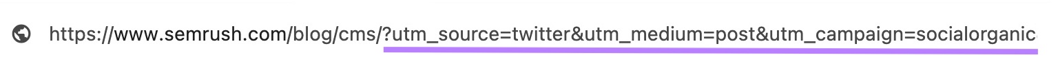 Example of a URL with UTM parameters, showing it to be an organic Twitter post, for traffic attribution.