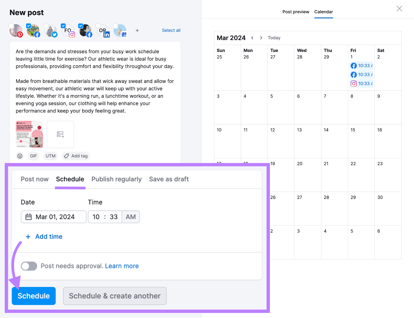 "Schedule" section highlighted in Social Poster tool