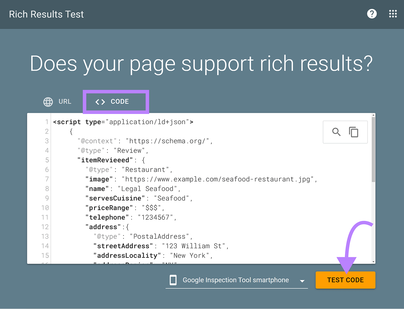 Rich Results Test page pinch Code tab selected, codification snippet pasted, and arrow pointing to Test Code button