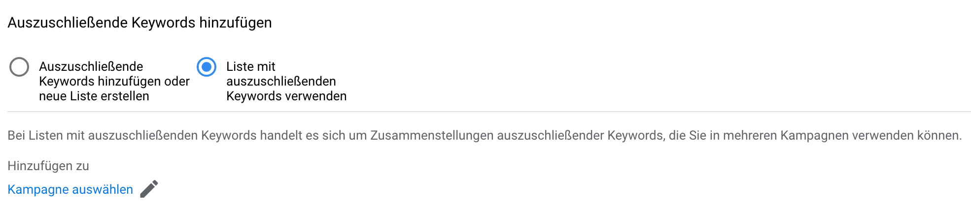 Beispiel auszuschließende Keywords in Google Ads hinzufügen