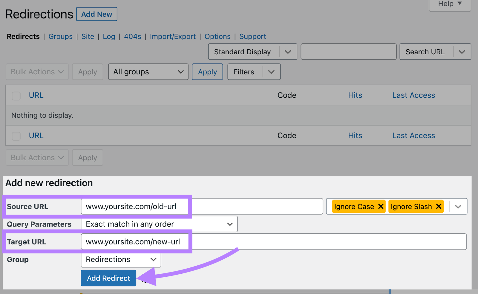 how to add redirect in Redirection plugin