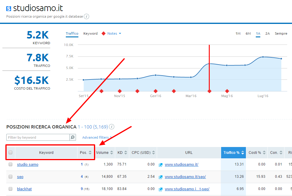 Analisi delle posizioni e delle keyword che portano traffico organico al blog