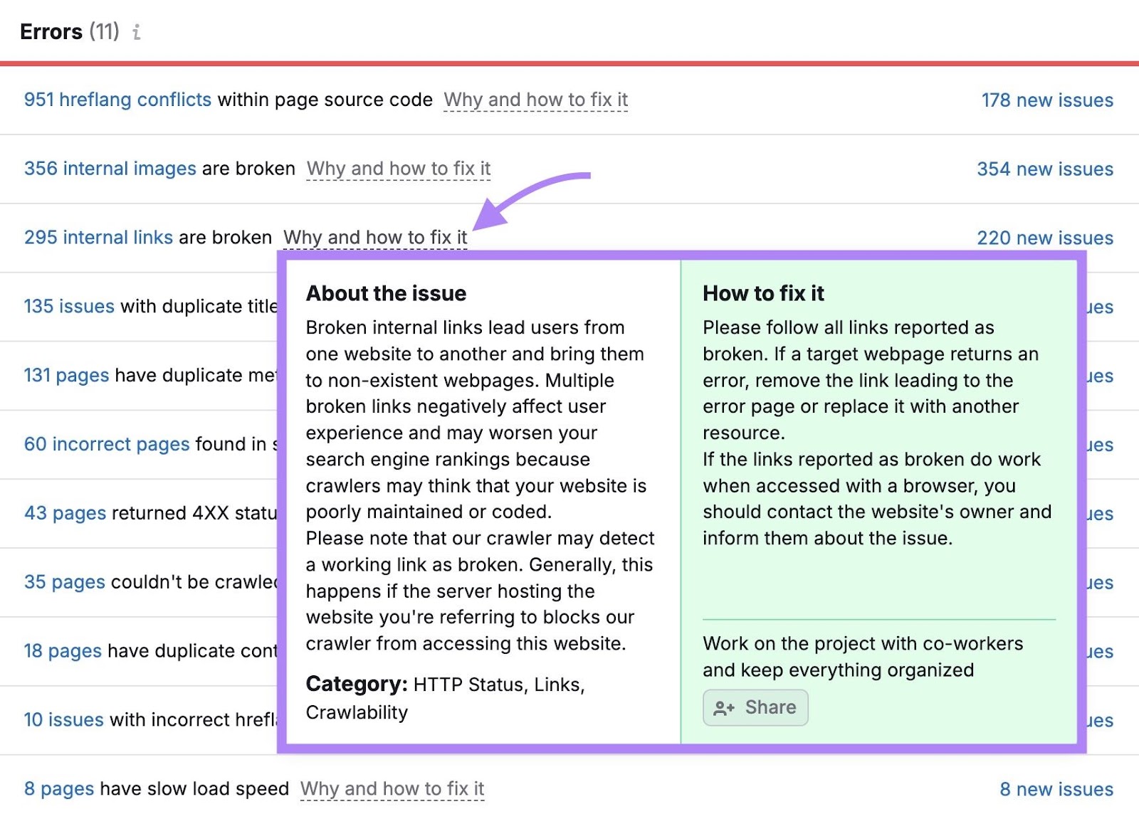 Issues on Site Audit with “Why and how to fix it” next to an error clicked.