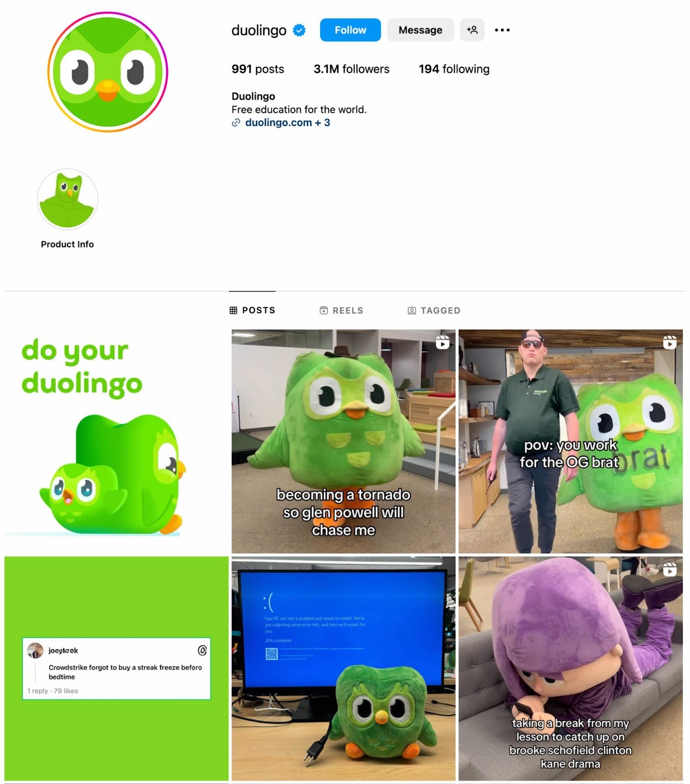 Duolingo combining quirky humor and current internet trends on Instagram to draw attention to its language learning app