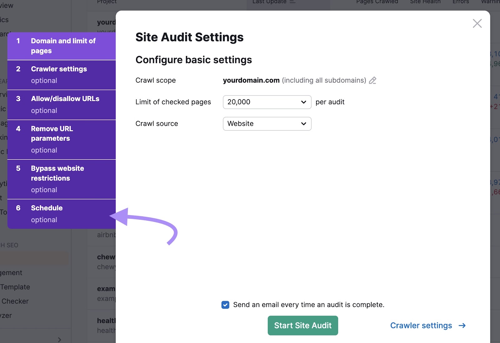 "Schedule" tab highlighted in the "Site Audit Settings" window