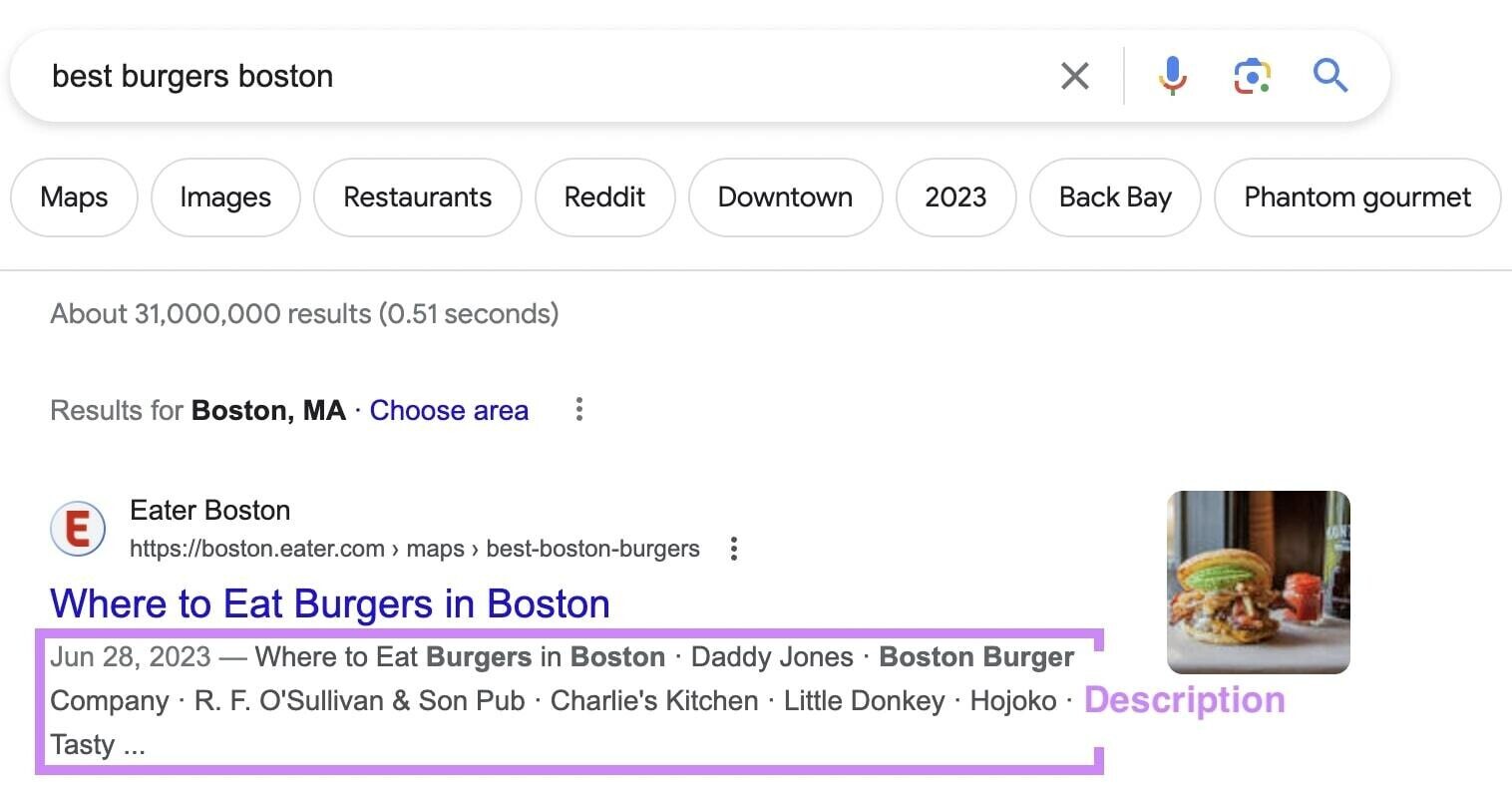 A description of an ad for best burgers in Boston highlighted on Google SERP