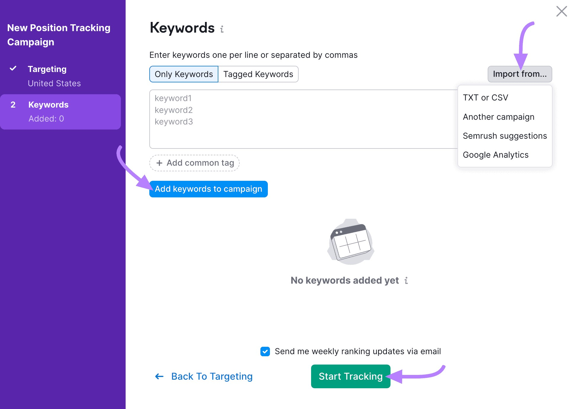 "Keywords" window in Position Tracking Settings