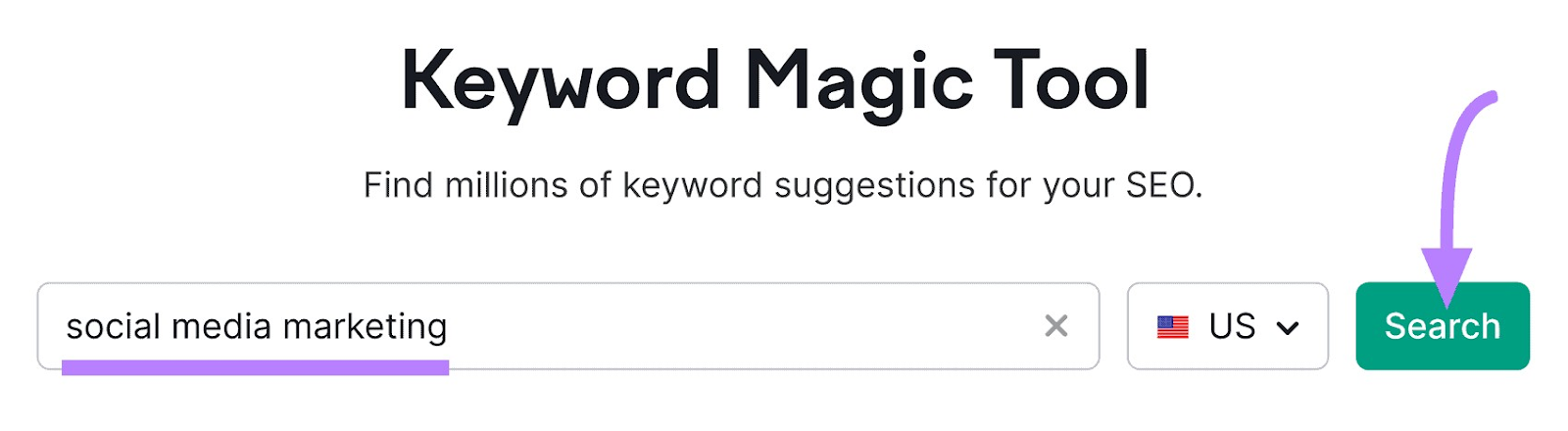 "social media marketing" entered into the Keyword Magic Tool search bar