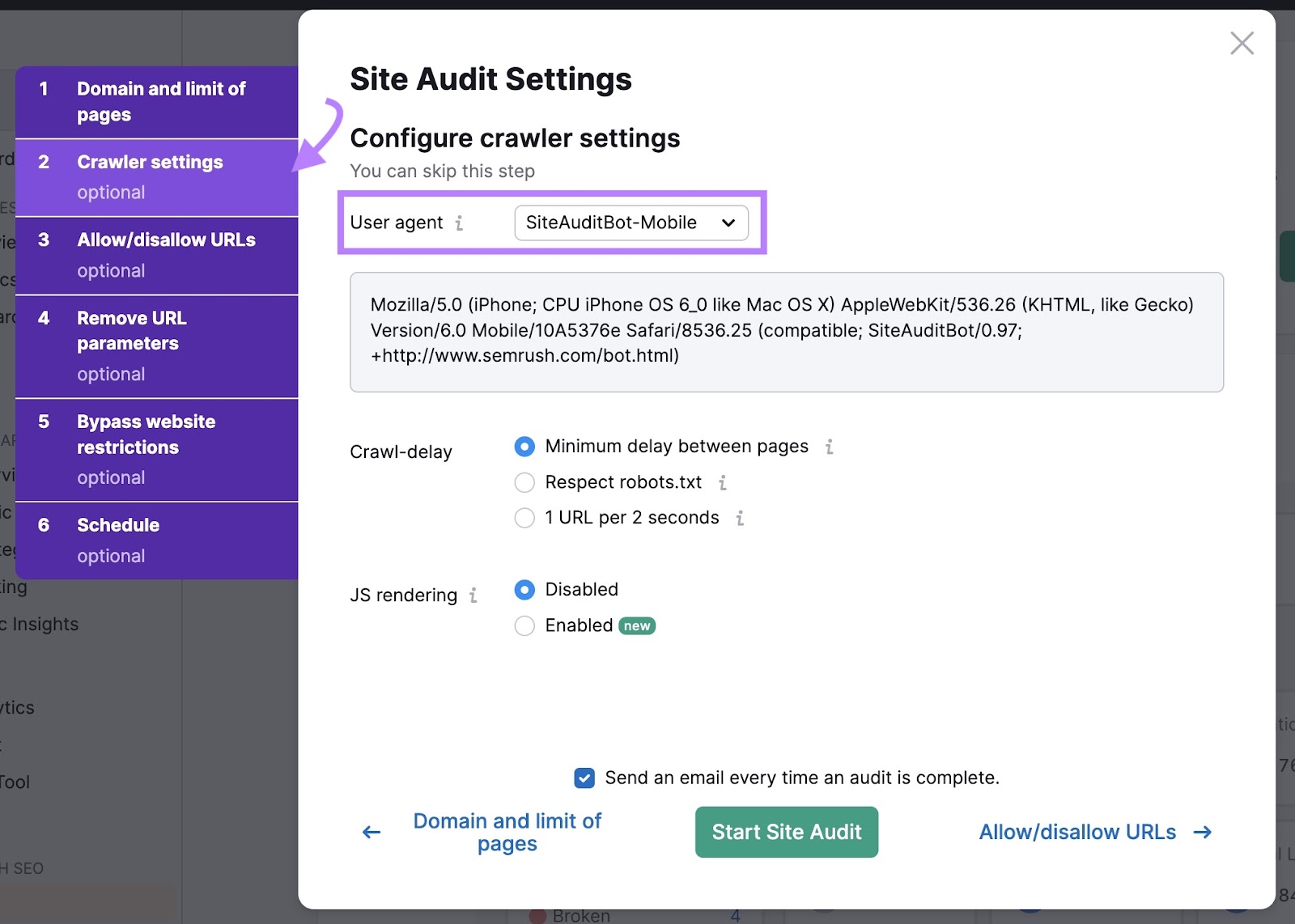 Crawler settings page on Site Audit with the "User agent" section highlighted.