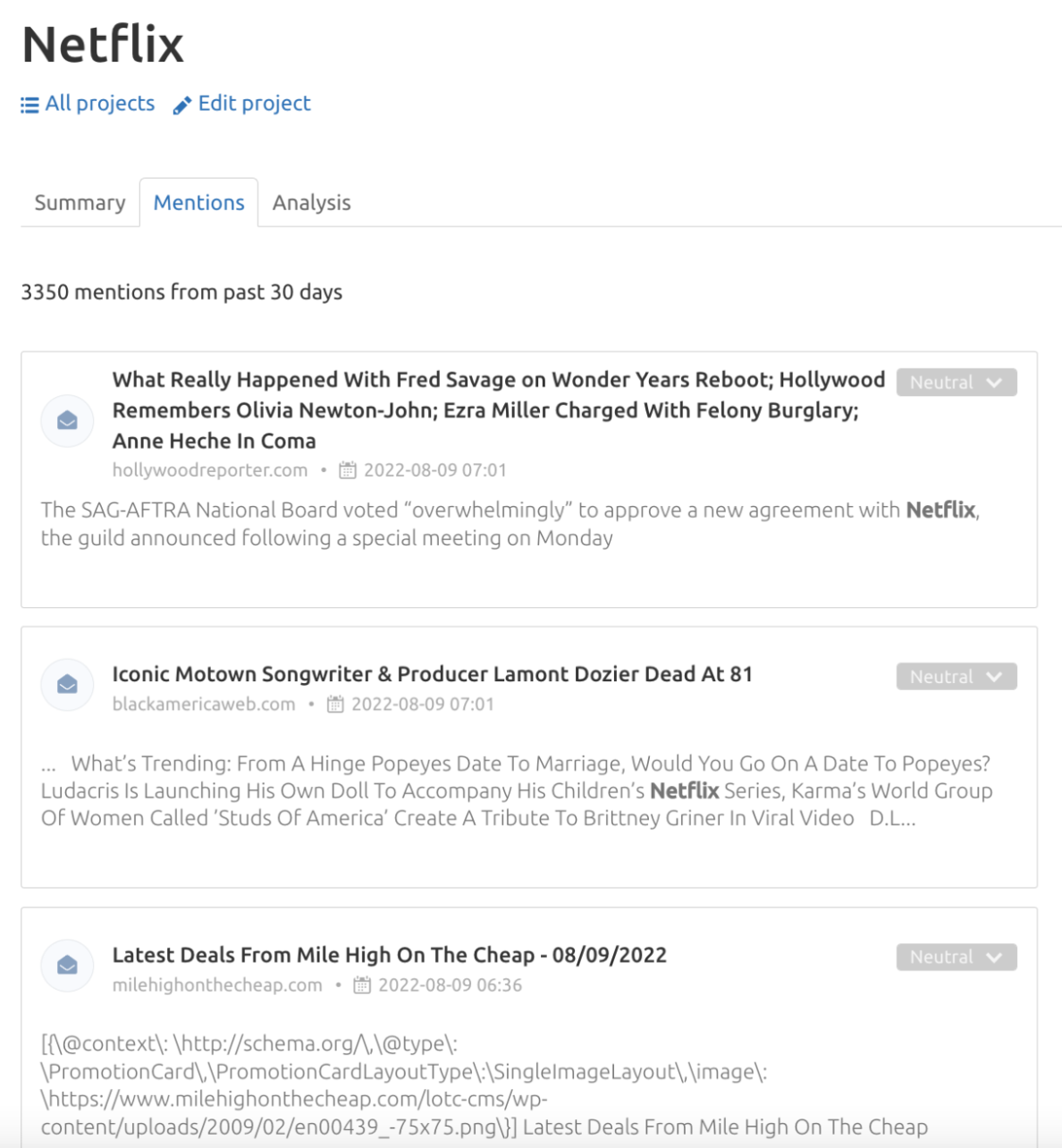 Netflix mentions dashboard in Media Monitoring app