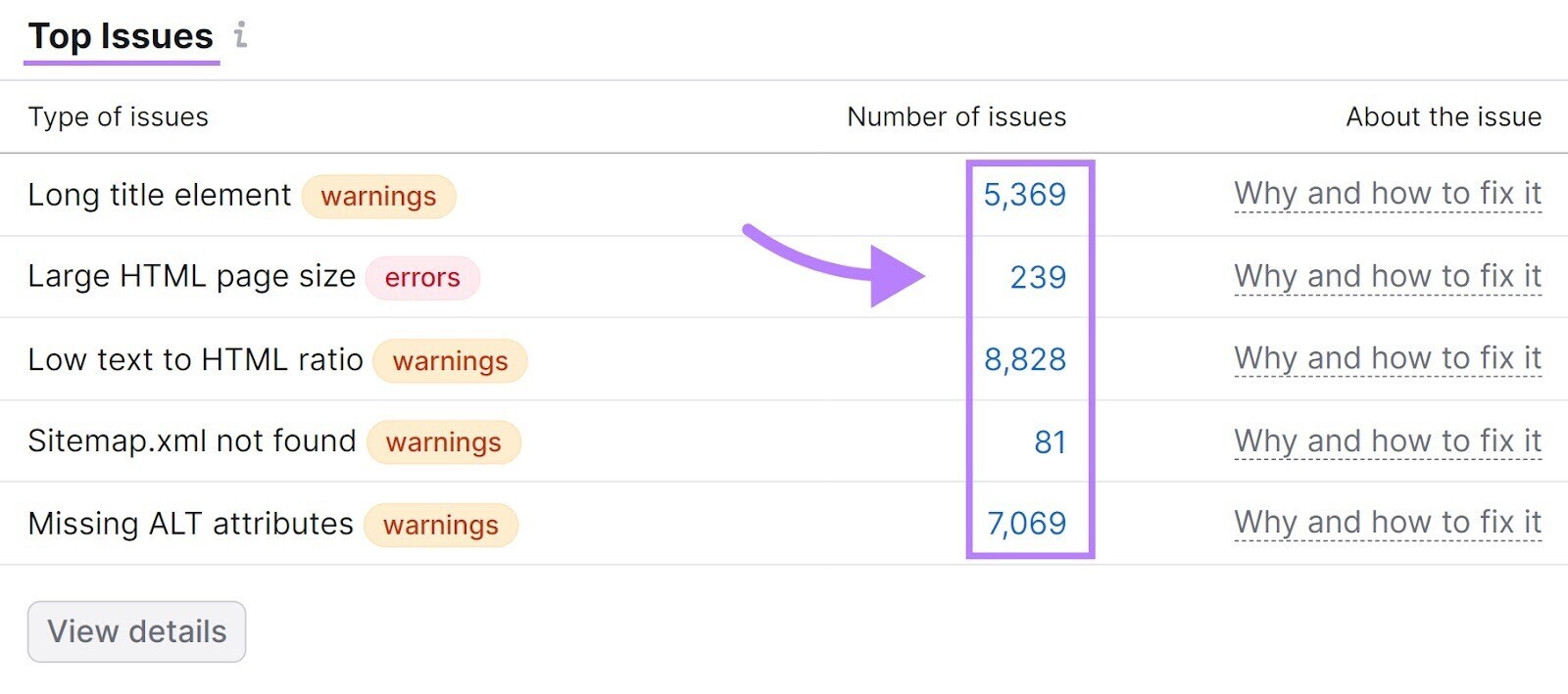 Start Audit report's "Top Issues" section