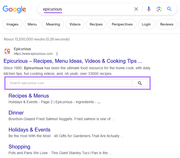Google search results for “epicurious” showing the top result with a sitelinks search box