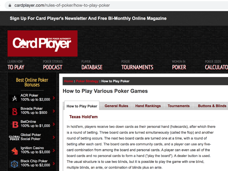 CardPlayer's page with URL that reads "cardplayer.com/rules-of-poker/how-to-play-poker"