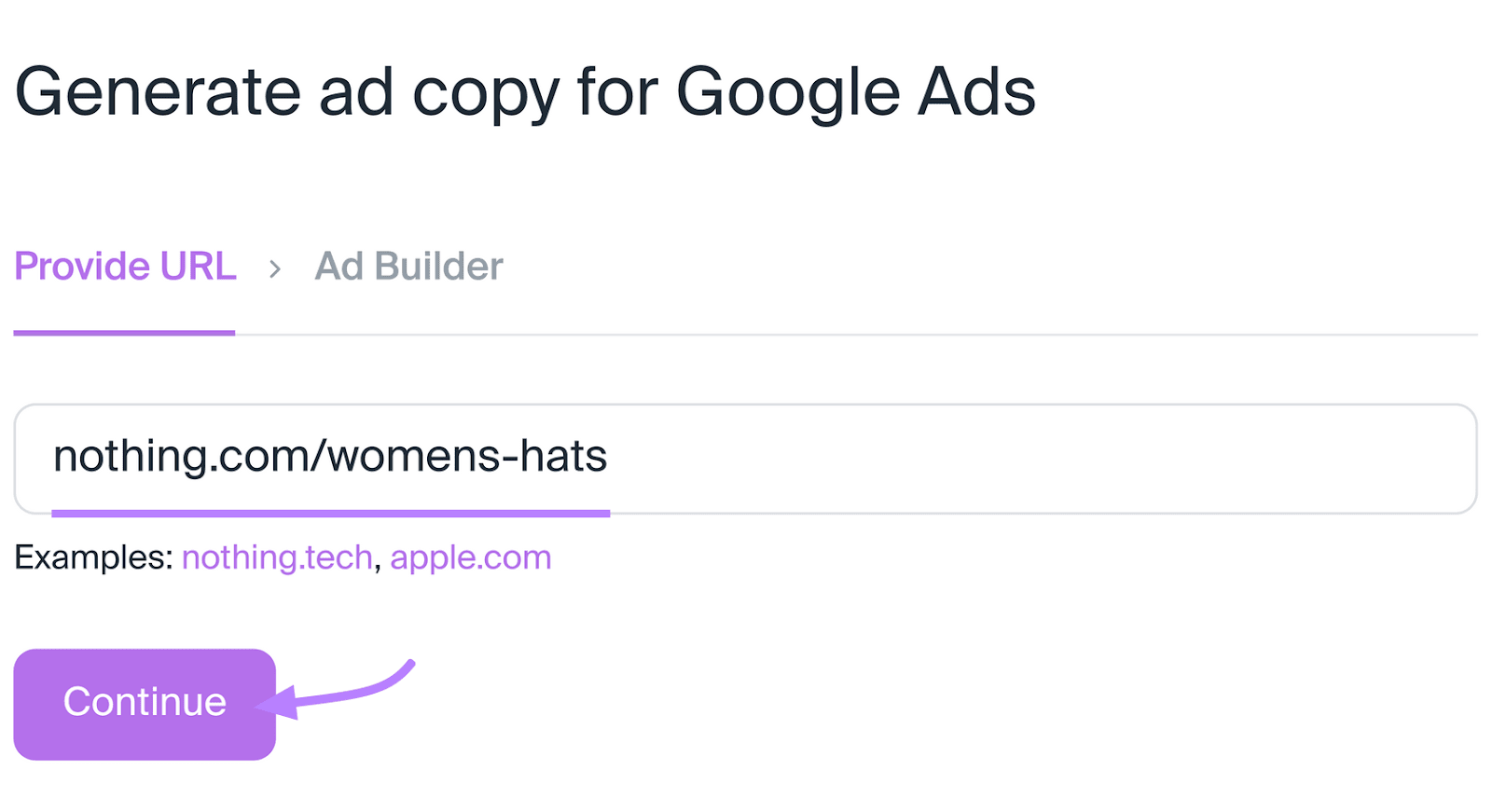 "nothing.com/womens-hats" entered into the AI Ad Copy Generator search bar