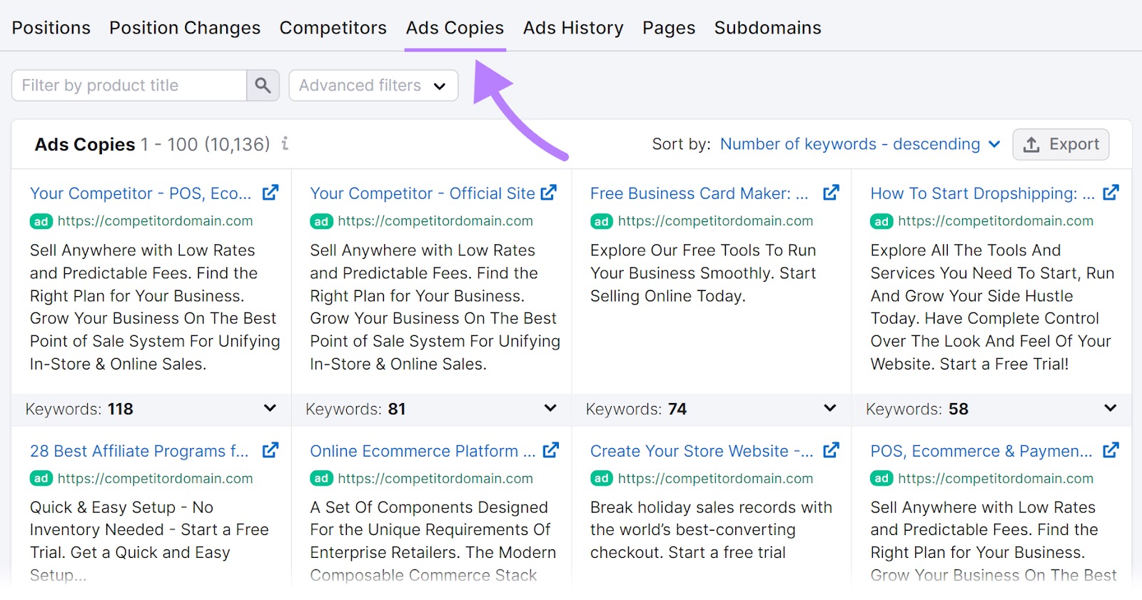 "Ad Copies" tab in Advertising Research