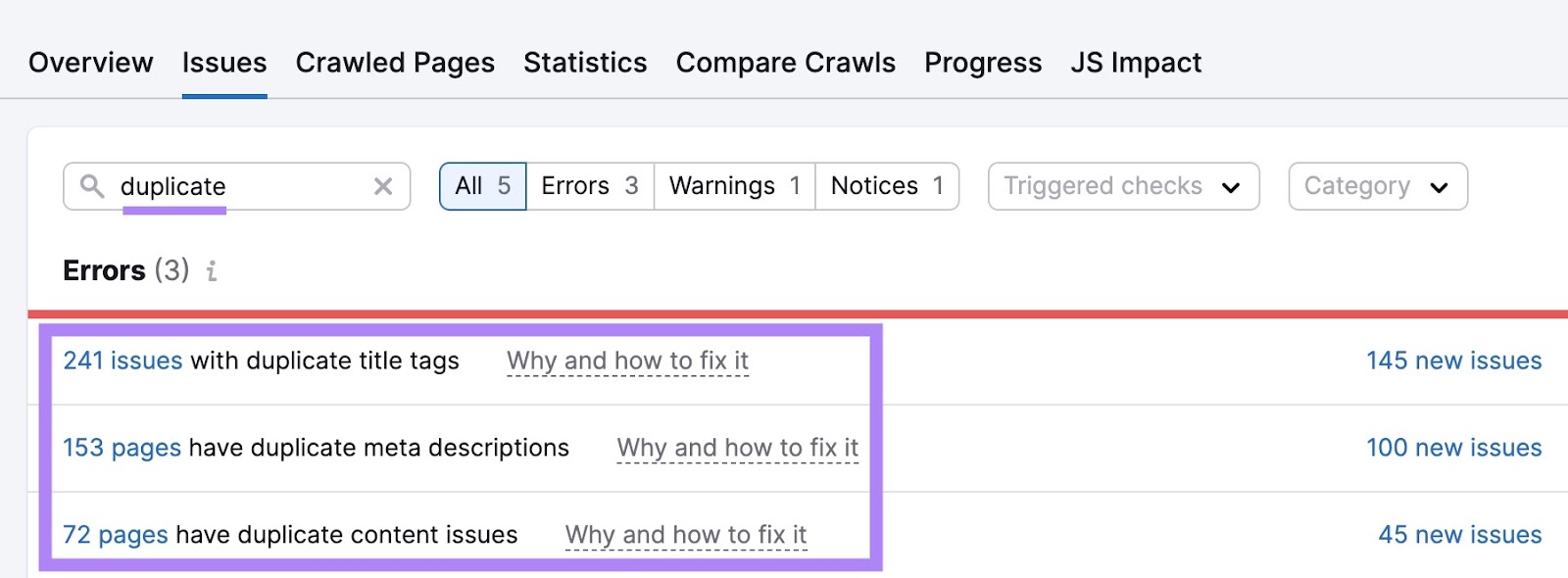 Site audit issues page with 'duplicate' entered in the search bar and duplicate content errors highlighted.