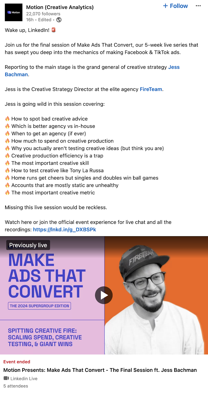 LinkedIn post promoting the final session of the series "Make Ads That Convert" by Motion (Creative Analytics)