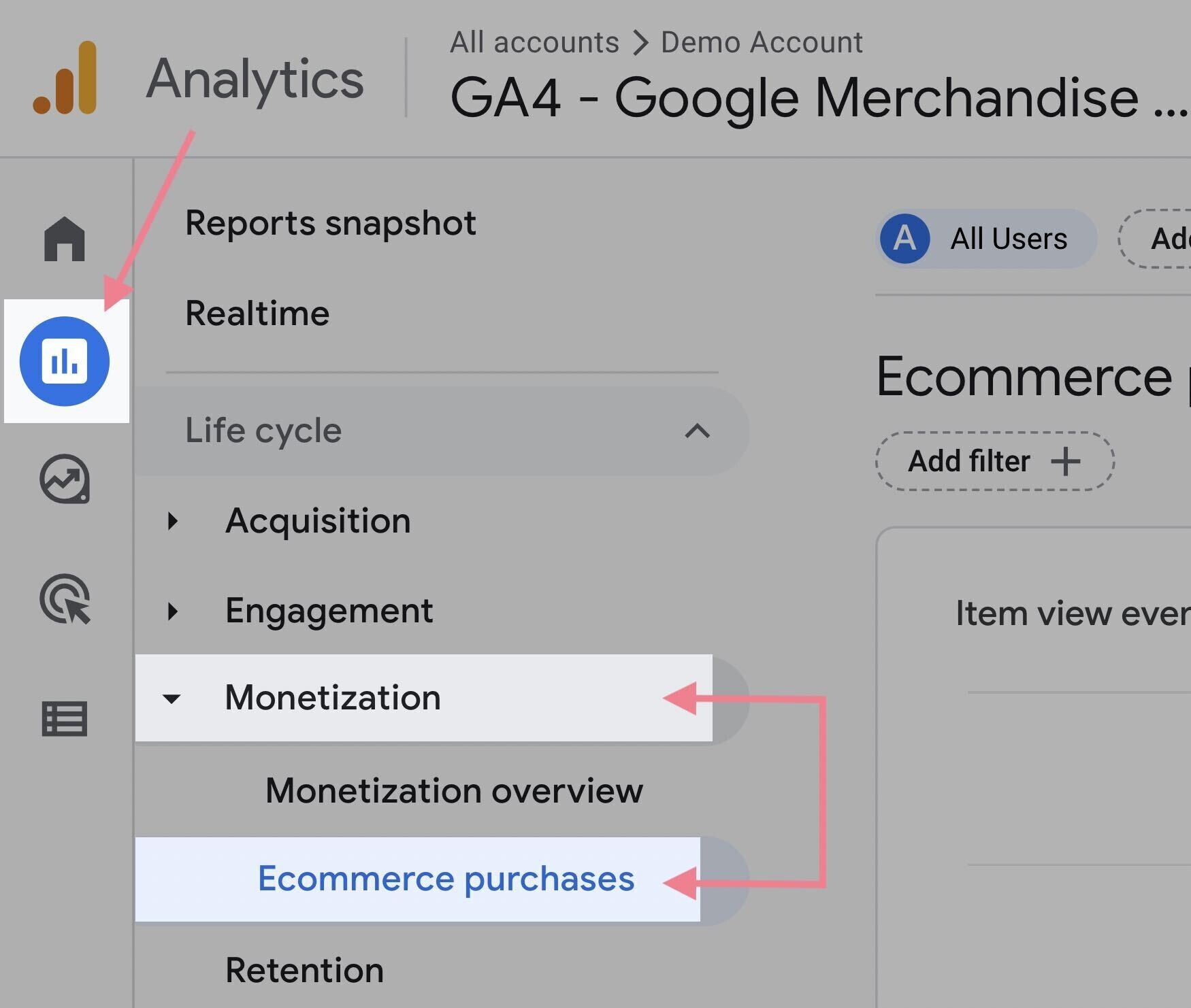 GA4 reports ecommerce purchases