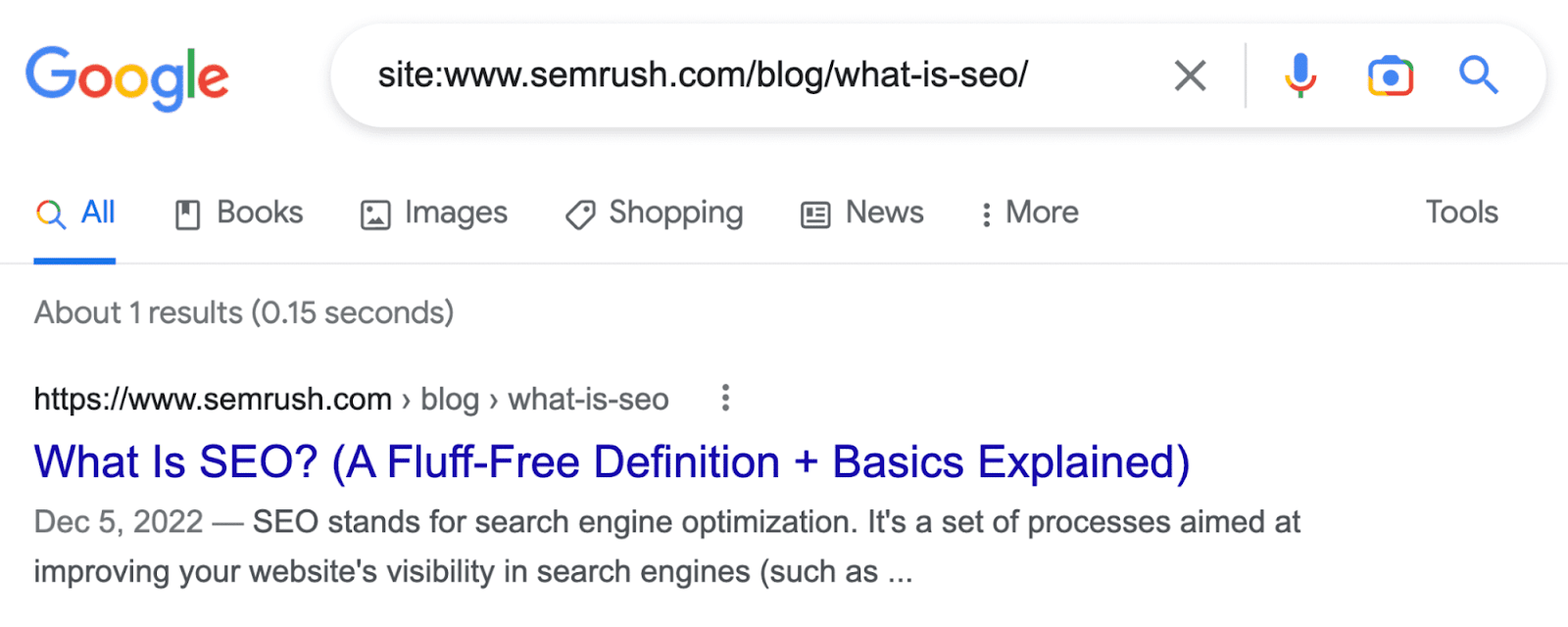 Google's result for “site:www.semrush.com/blog/what-is-seo/”