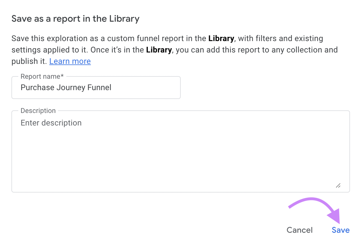"Save as a report in the Library" window