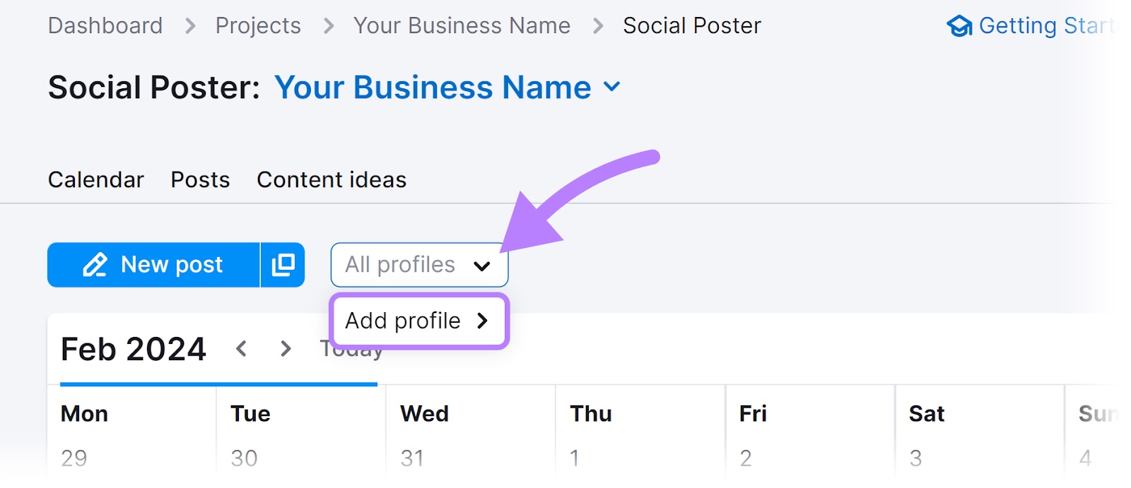 "Add profile" button in Social Poster tool