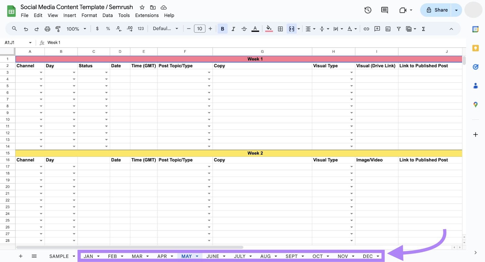 Blank social media content template with different sheets for each month with columns for ****, content, and links.