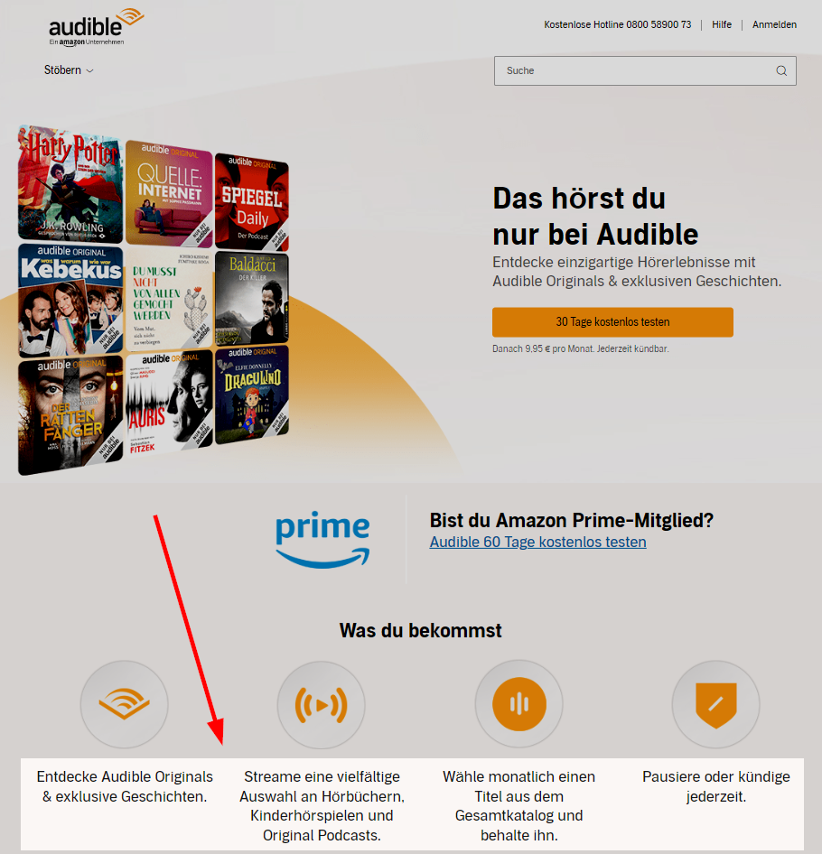 Aufzählung von Vorteilen auf Landing-Page von Audible