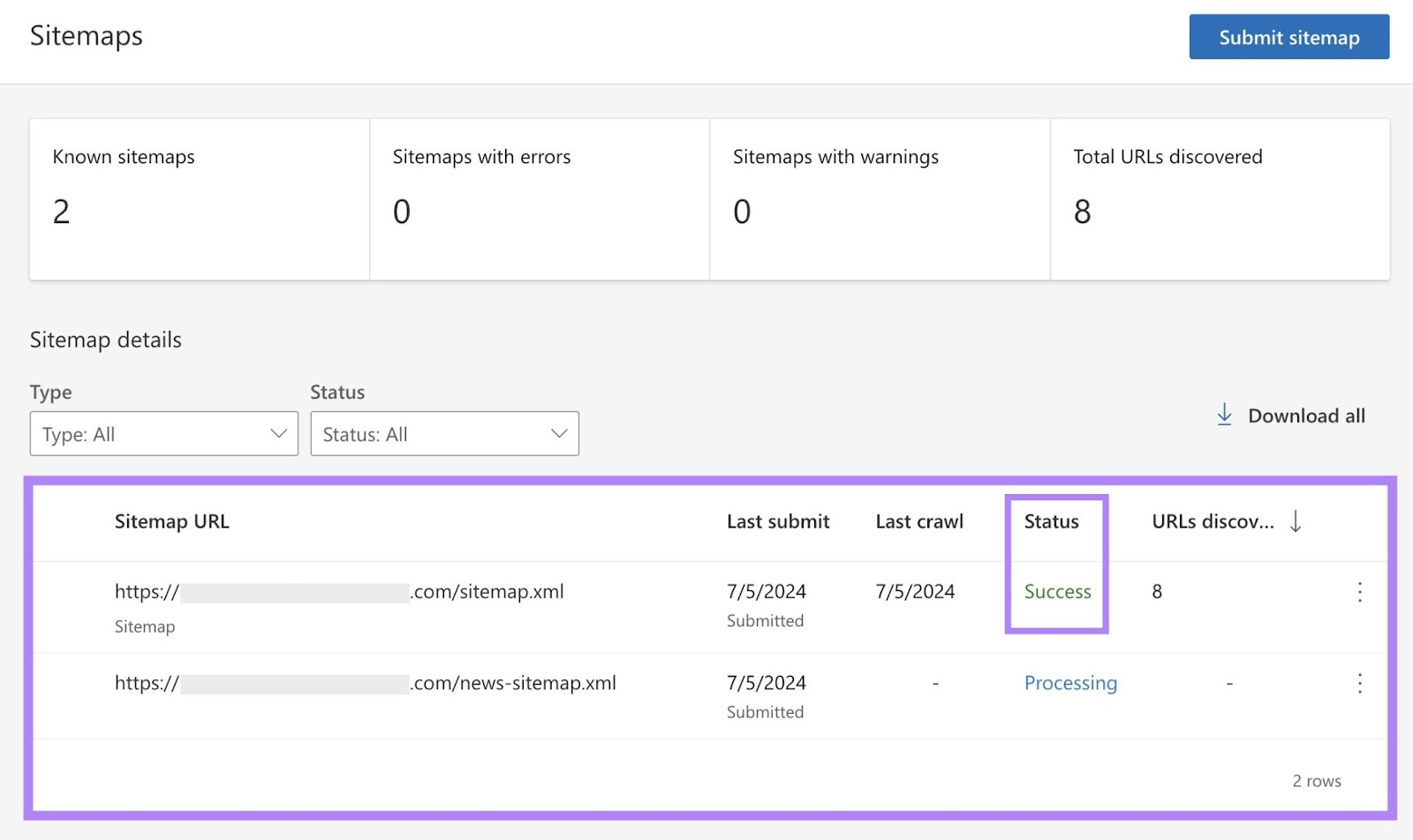 "Sitemap details" on Bing Webmaster Tools with "Success" under the "Status" column highlighted