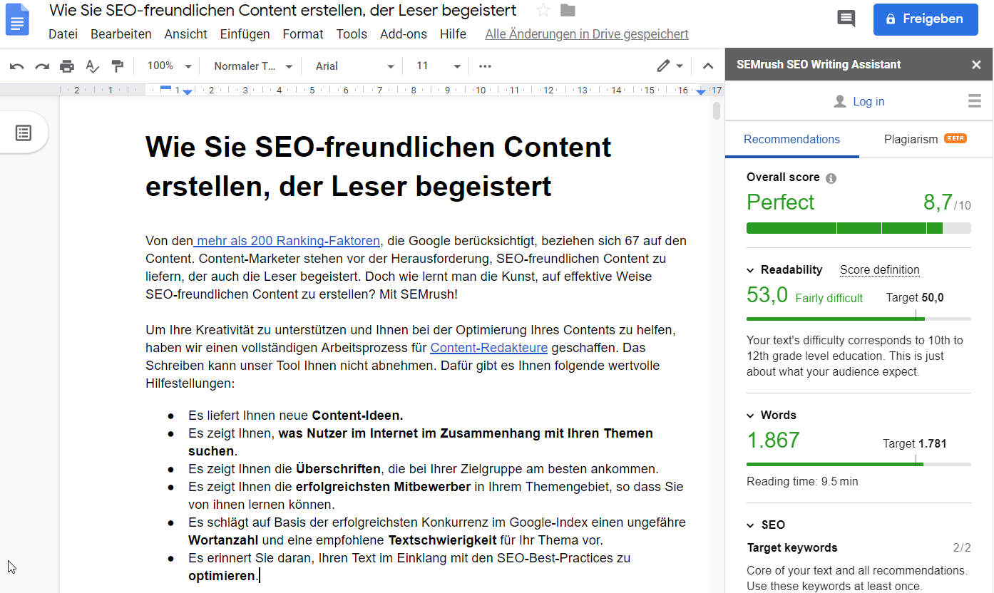 Der SEO Writing Assistant im Google-Dokument