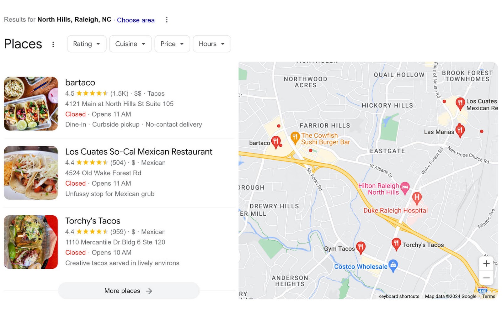 Google’s local pack result for “tacos in north hills raleigh”