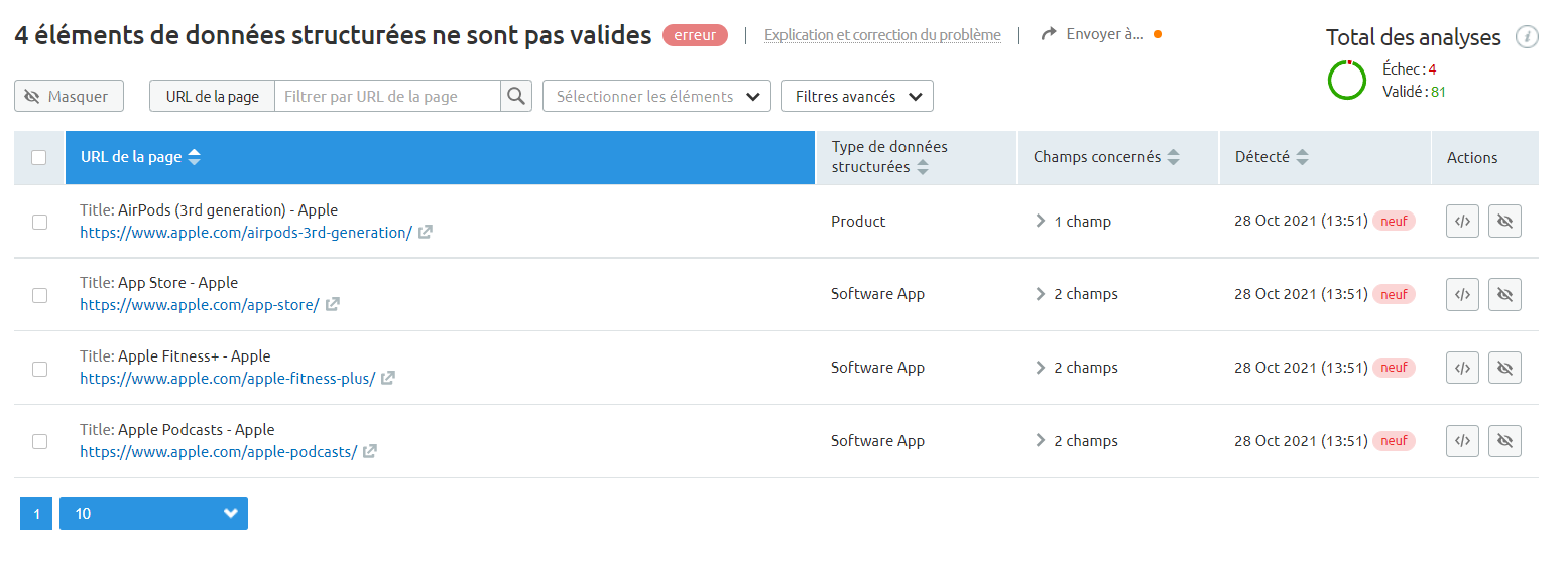Semrush Audit de site Balisage données structurées non valides