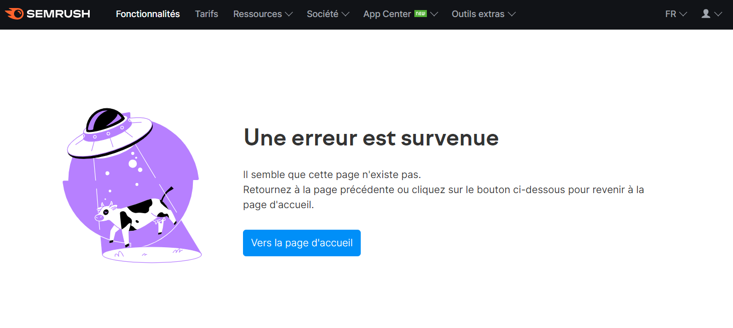 Page non existante dans le site Semrush