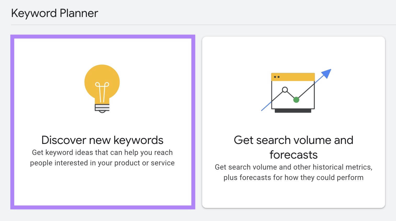 "Discover new keywords" clicked on the Google Keyword Planner dashboard.