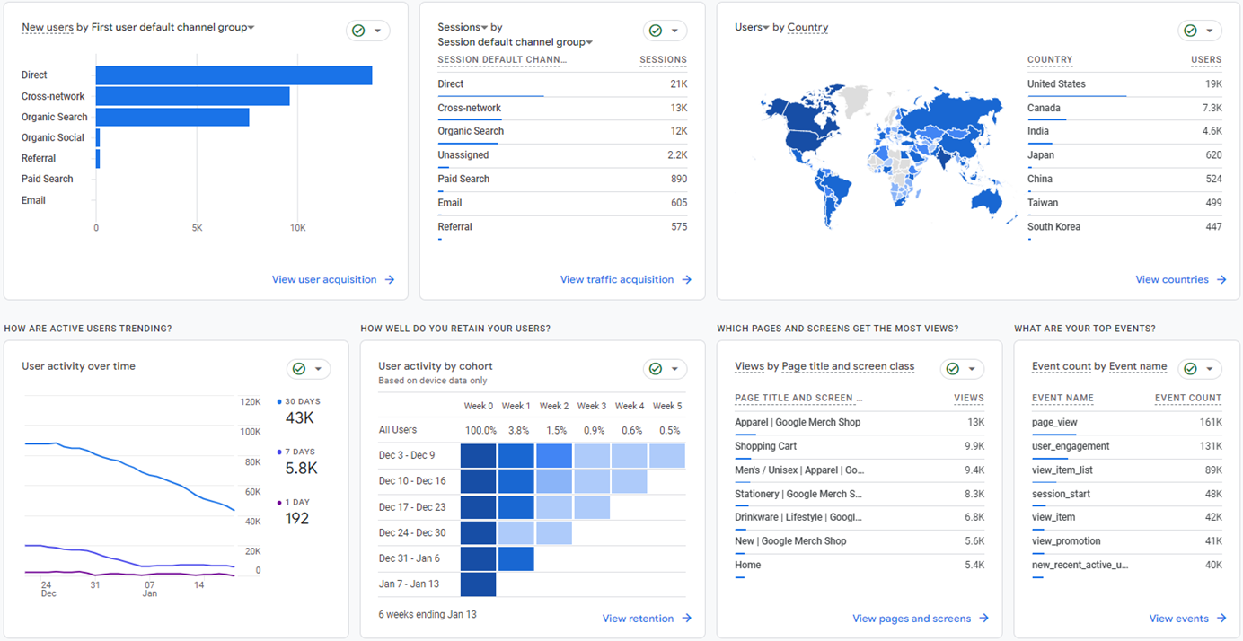 A dashboard in Google Analytics showing website visitors' information