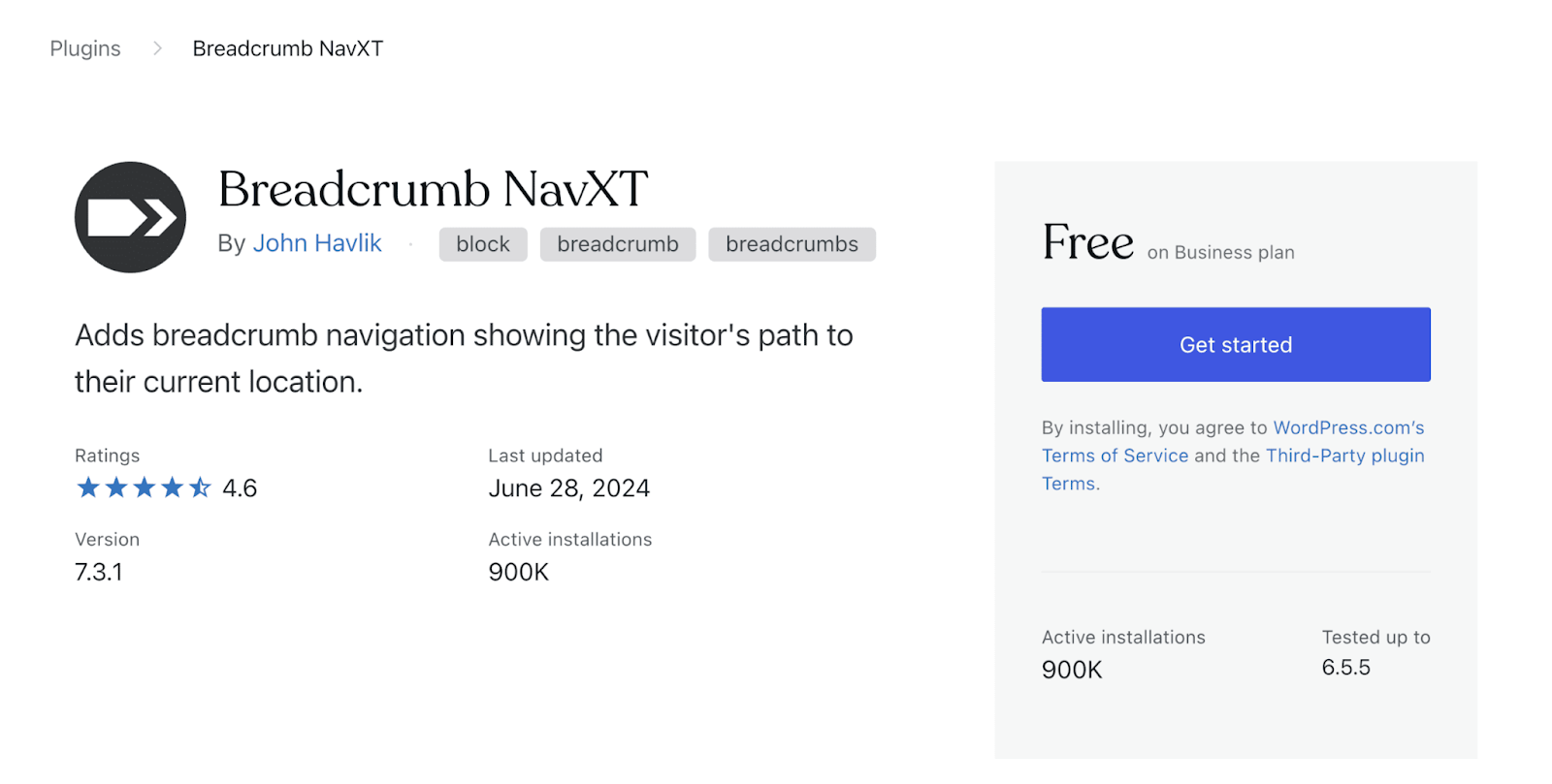 A screenshot of Breadcrumb NavXT's app landing page