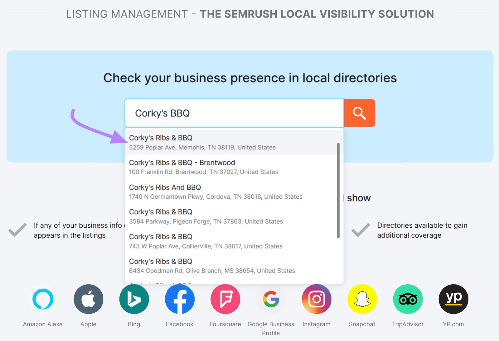 searching for Corky’s BBQ in Listing Management tool