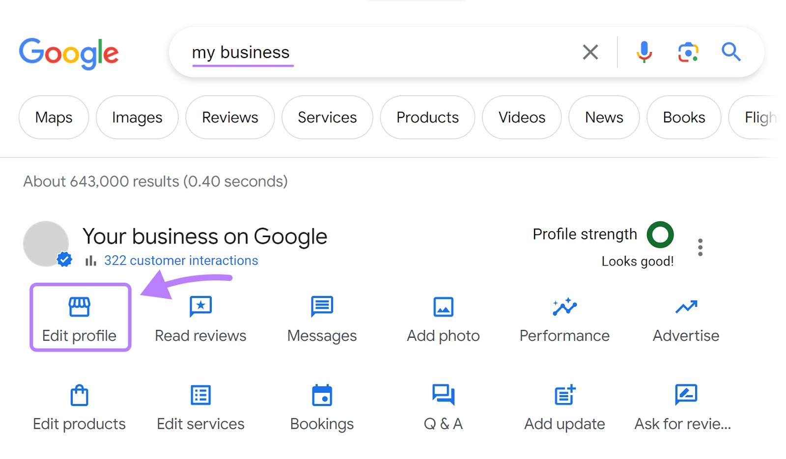 “Edit profile" option selected under Google dashboard