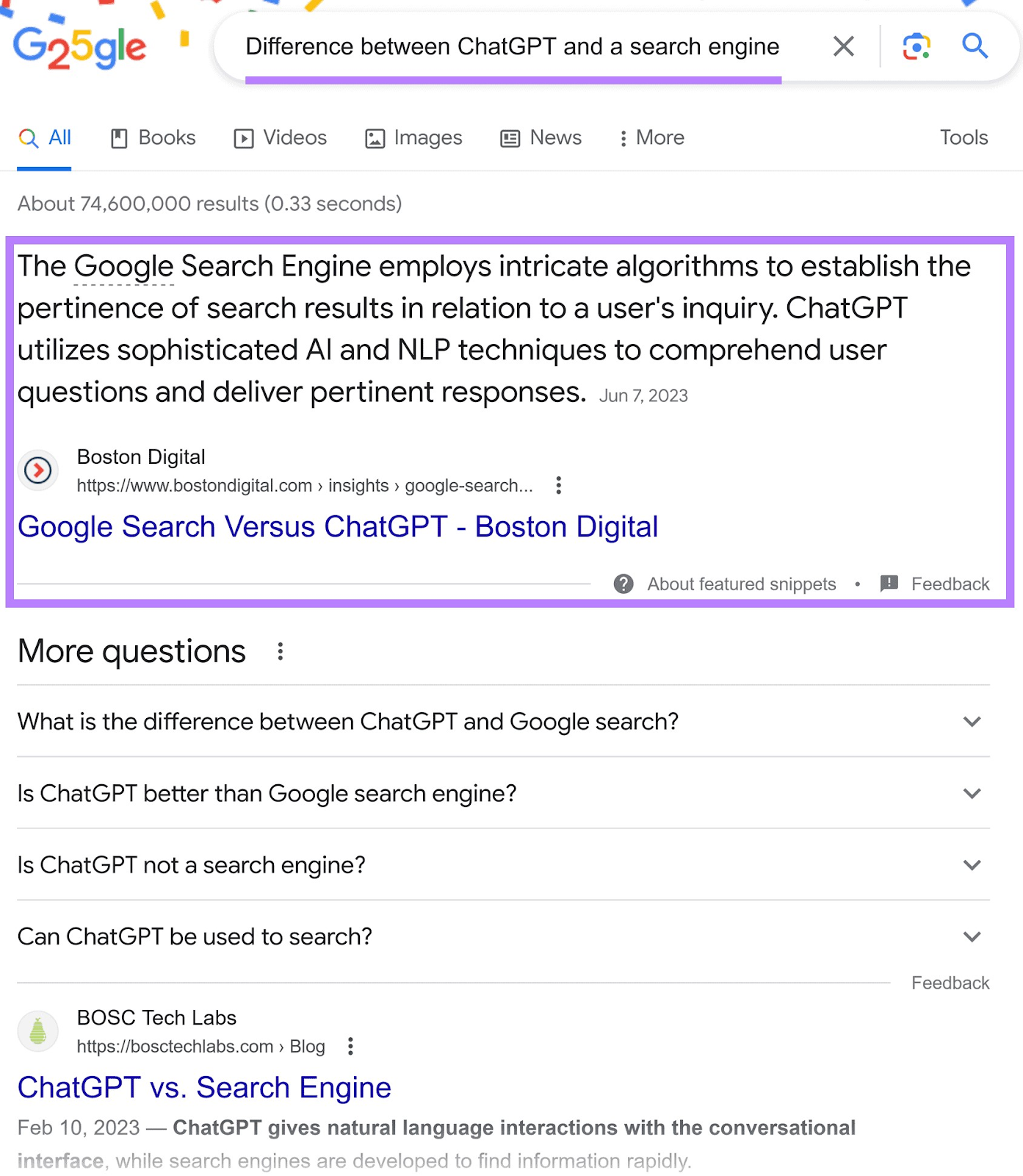 Google results for “difference between ChatGPT and a search engine” search