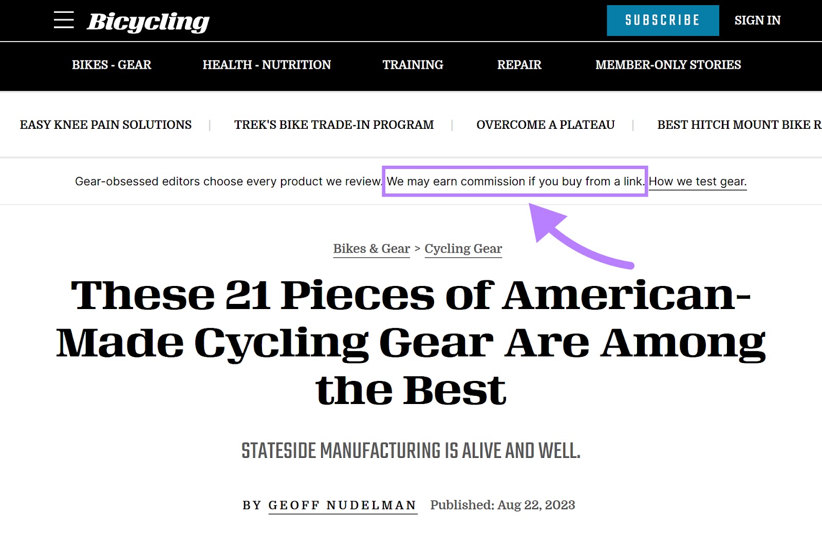 "We may earn commission if you buy from a link" message highlighted on Bicycling magazine site
