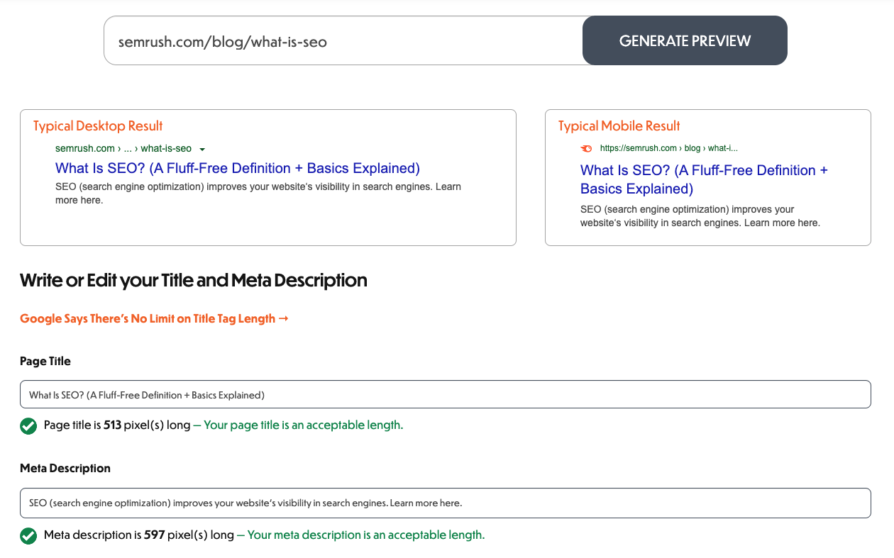 To The Web tool with mockup of meta description for desktop and mobile